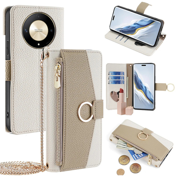 Flip case for Honor Magic 6 Lite 5G, Wallet Zipper Pocket, with mirror, white