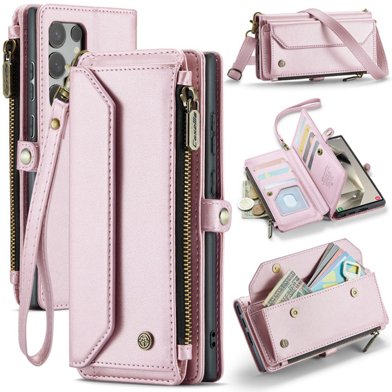 Case CASEME for Samsung Galaxy S25 Ultra, RFID Leather Wallet, with shoulder strap, pink