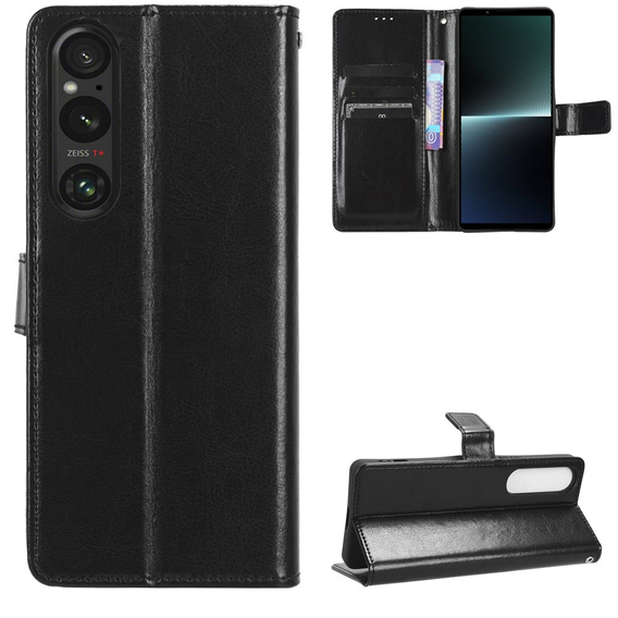 Flip case for Sony Xperia 1 V, Crazy Horse Wallet, black