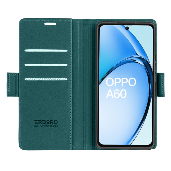 Case for Oppo A60, ERBORD Glossy Litchi, wallet with flap, green