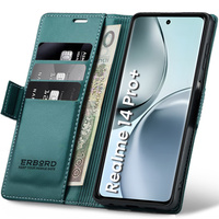 Case for Realme 14 Pro+ 5G, ERBORD Glossy Litchi, wallet with flap, green