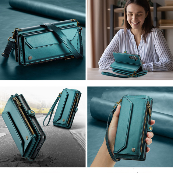 Case CASEME for Samsung Galaxy S25 FE, RFID Leather Wallet, with shoulder strap, green