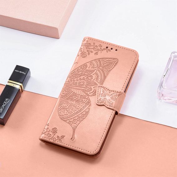 Flip case for Xiaomi Poco F7 Pro, Butterfly, pink rose gold