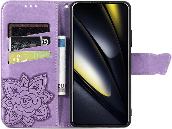 Flip case for Xiaomi Poco F6, Butterfly, purple