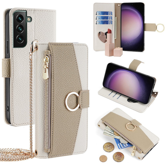 Flip case for Samsung Galaxy S23 FE, Wallet Zipper Pocket, with mirror, white