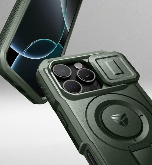 Armored case for iPhone 16 Pro, Dexnor CamProtect MagSafe, green (Two frames)