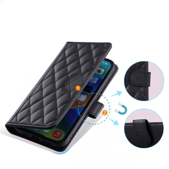 Flip case for iPhone 16 Plus, Rhombus Crossbody Leather, black
