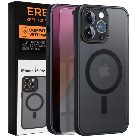Case for iPhone 16 Pro, for MagSafe, ERBORD Matt Case, black + Screen Glass