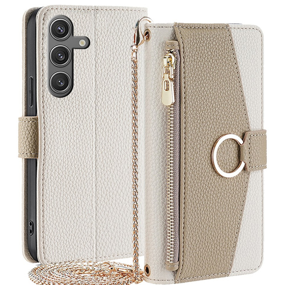 Flip case for Samsung Galaxy S24, Wallet Zipper Pocket, with mirror, white