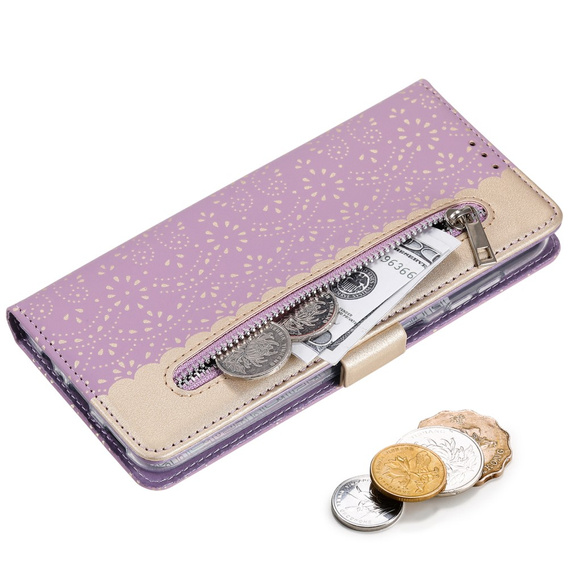 Flip case for Samsung Galaxy A55 5G, Wallet Pocket Zipper Lace, purple
