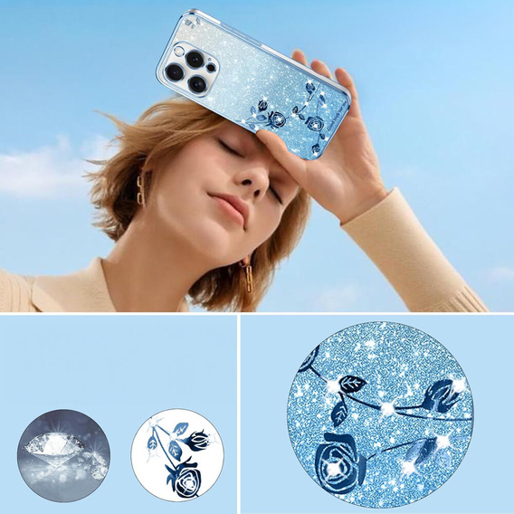 Case for iPhone 16 Pro Max, Glitter Flower, blue