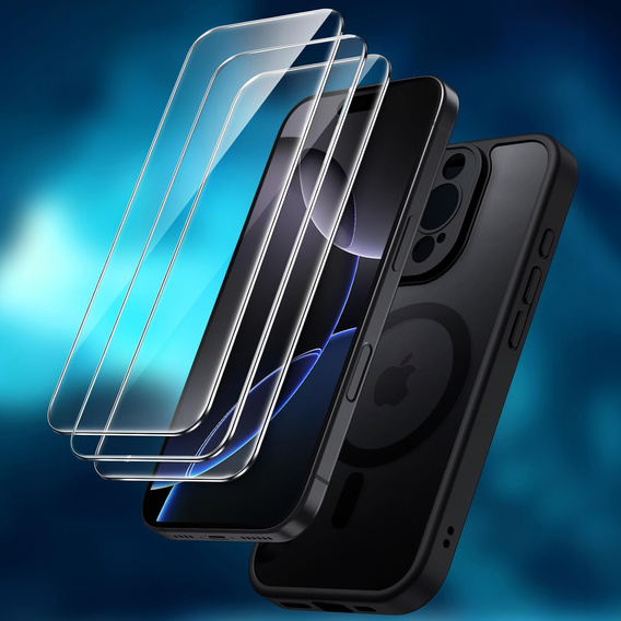 Case for iPhone 16 Pro, for MagSafe, ERBORD Matt Case, black + Screen Glass