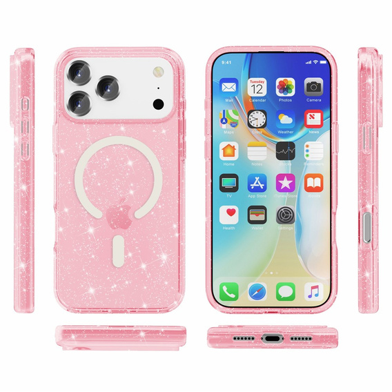 Case for iPhone 17 Pro Max, for MagSafe, glitter - translucent pink