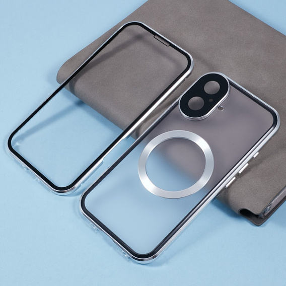 Magnetic Dual Glass MagSafe case for iPhone 16, silver