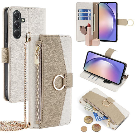 Flip case for Samsung Galaxy A54, Wallet Zipper Pocket, with mirror, white