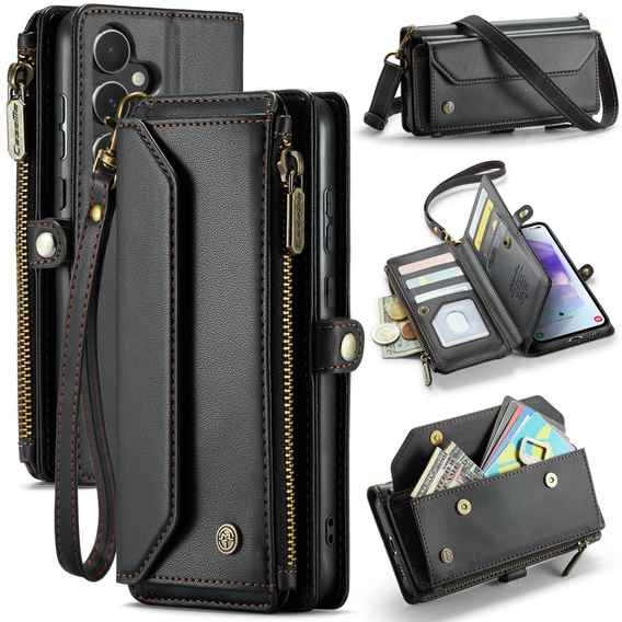 Case CASEME for Samsung Galaxy A55 5G, RFID Leather Wallet, with shoulder strap, black