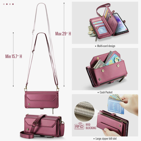 Case CASEME for Samsung Galaxy A55 5G, RFID Leather Wallet, with shoulder strap, red