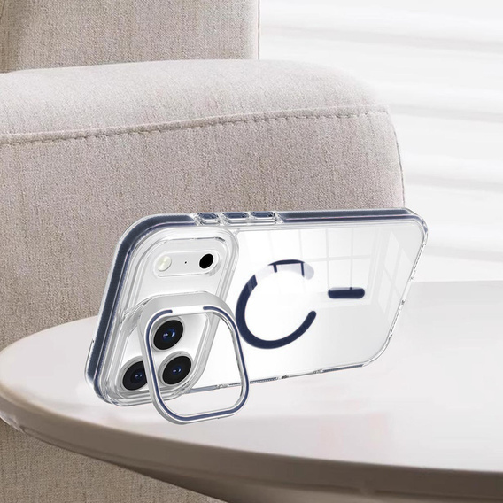 Case for iPhone 17 Pro Max, for MagSafe, with stand, transparent with navy blue inserts