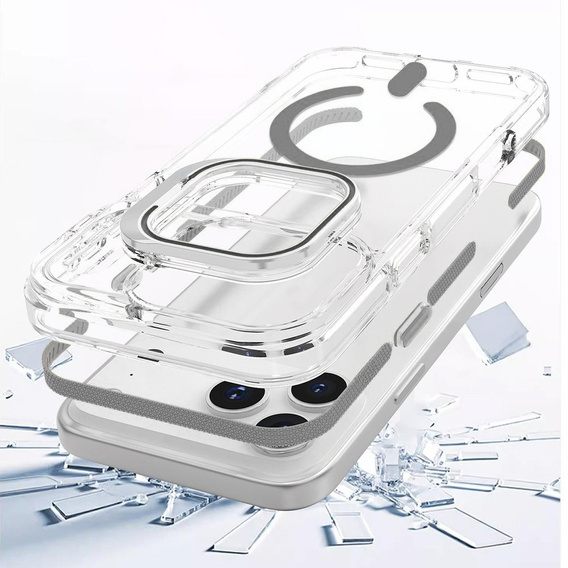 Case for iPhone 17 Pro Max, for MagSafe, with stand, transparent with grey inserts