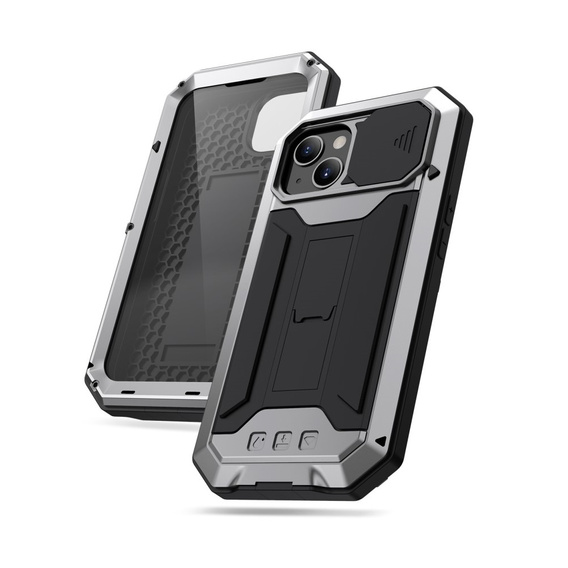 Case for iPhone 13 Mini, R-JUST CamShield Slide, armoured, silver / black