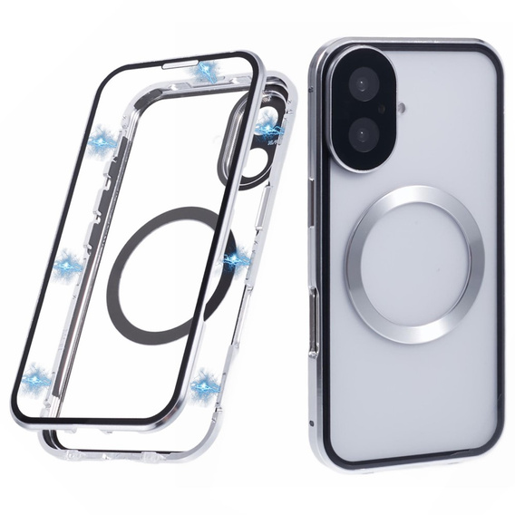 Magnetic Dual Glass MagSafe case for iPhone 16, silver