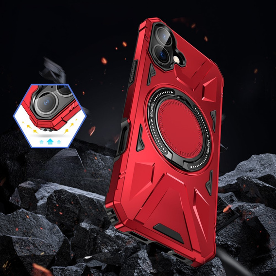Case for iPhone 16, armored with stand and handle plate, red