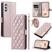 Flip case for Samsung Galaxy S24 FE, Rhombus Crossbody Leather, pink rose gold