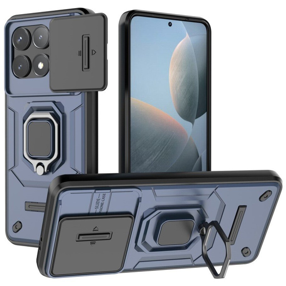 Case for Xiaomi Poco F6 Pro, KickStand Camera Lens, blue