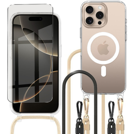 Case with lanyard for iPhone 16 Pro, ERBORD MagSafe, transparent + Glass for screen