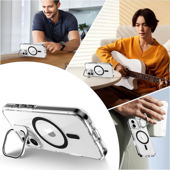 Case for iPhone 17, for MagSafe, with stand, transparent with black inserts