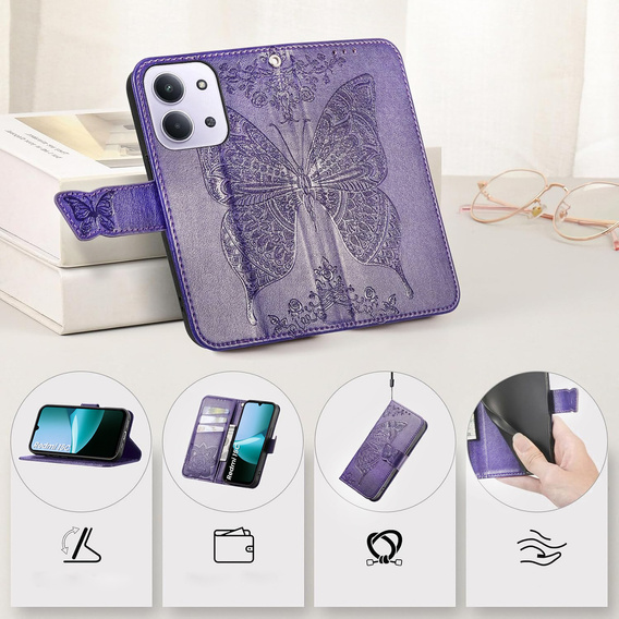 Flip case for Xiaomi Redmi 15C 4G/LTE, Butterfly, purple