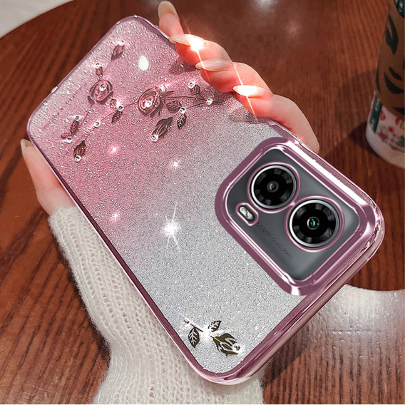 Case for Motorola Moto G24 / G24 Power / G04, Glitter Flower, pink rose gold