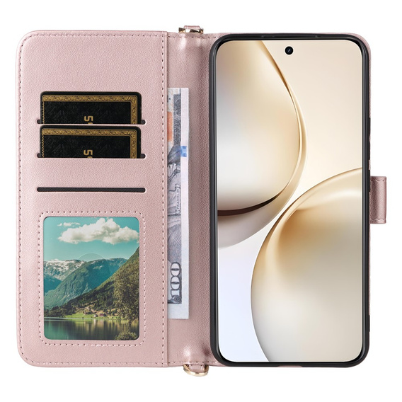 Crossbody Leather Wallet flip case for Realme 14 Pro+ 5G, pink rose gold