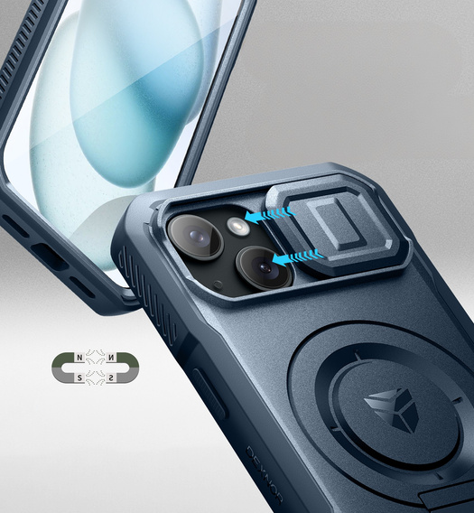 Armored case for iPhone 15, Dexnor CamProtect MagSafe, dark blue (Two frames)