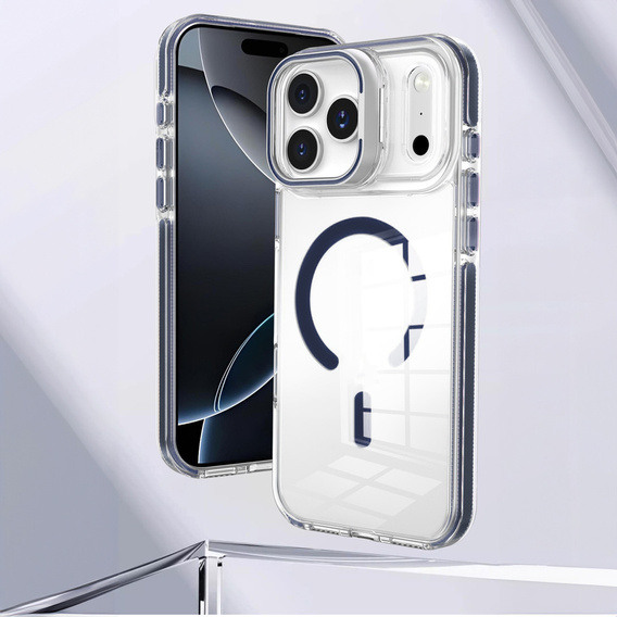 Case for iPhone 17 Pro Max, for MagSafe, with stand, transparent with navy blue inserts