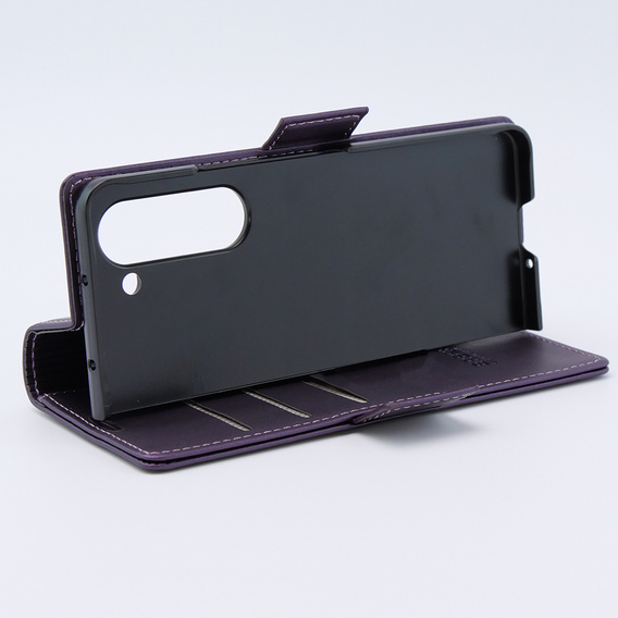 Case for Samsung Galaxy Z Fold 5 5G, ERBORD Glossy Litchi, wallet with flap, purple