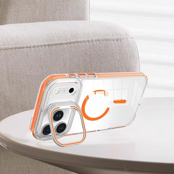Case for iPhone 17 Pro Max, for MagSafe, with stand, transparent with orange inserts