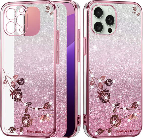 Case for iPhone 16 Pro Max, Glitter Flower, pink rose gold