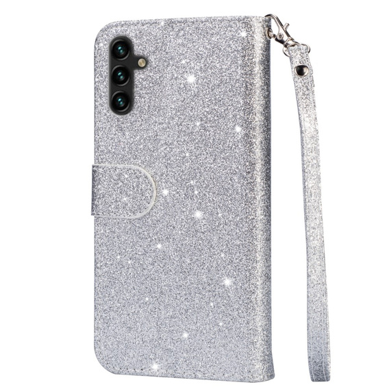 Flip case for Samsung Galaxy A35 5G, Wallet Zipper Pocket Glittery, silver