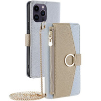 Flip case for iPhone 14 Pro Max, Wallet Zipper Pocket, with mirror, blue