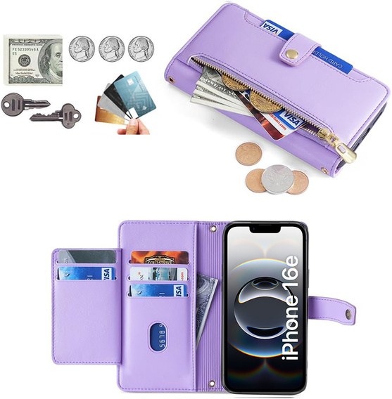Flip case for iPhone 16E, Wallet Zipper Pocket, purple