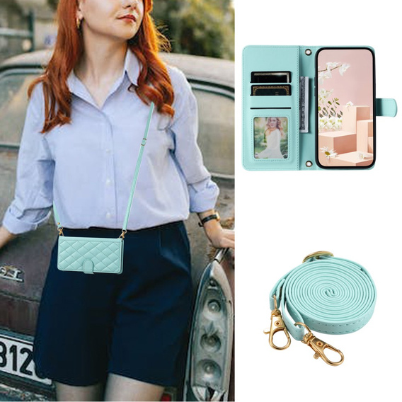 Flip case for iPhone 16 Plus, Rhombus Crossbody Leather, green