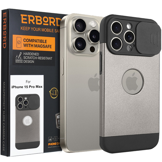 Case for iPhone 15 Pro Max, ERBORD MagProtect Slide Camera, titanium grey