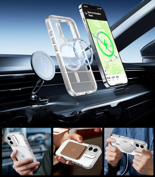 Case for iPhone 17, for MagSafe, with stand, transparent with grey inserts