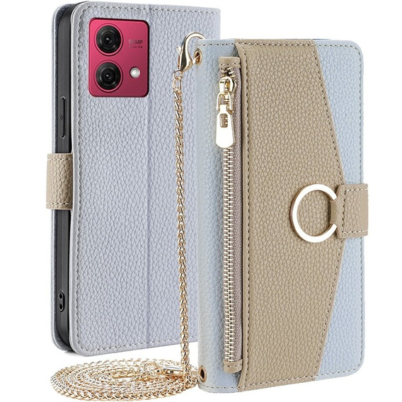 Flip case for Motorola Moto G84, Wallet Zipper Pocket, with mirror, blue