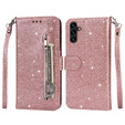 Flip case for Samsung Galaxy A35 5G, Wallet Zipper Pocket Glittery, pink rose gold
