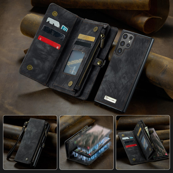 CASEME case for Samsung Galaxy S25 Ultra, Retro Leather Wallet, with strap, black