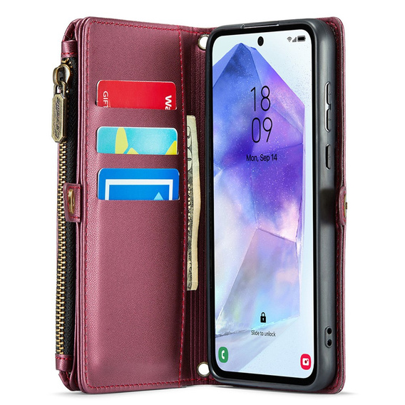 Case CASEME for Samsung Galaxy A55 5G, RFID Leather Wallet, with shoulder strap, red