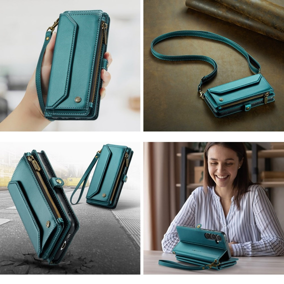 Case CASEME for Samsung Galaxy A55 5G, RFID Leather Wallet, with shoulder strap, green