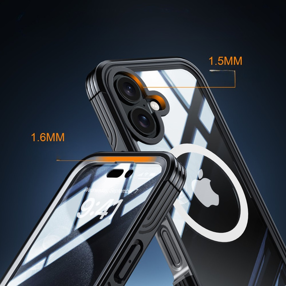 Case for iPhone 16 Plus, Shockproof, with glass, for MagSafe, black